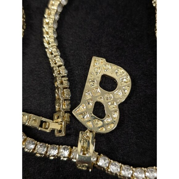 Gold Tone Rhinestone Baguette Tennis Necklace Initial Letter B Pendant BLING - Picture 13 of 14